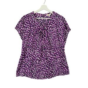 Boden Glam Leopard Cat Silk Blend Top Blouse Women 12 Purple Short Sleeve VNeck
